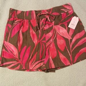 TIME & TRUE Pink/RED/BROWN LEAF PRINT RELAXED FIT SHORTS, Size S NWT